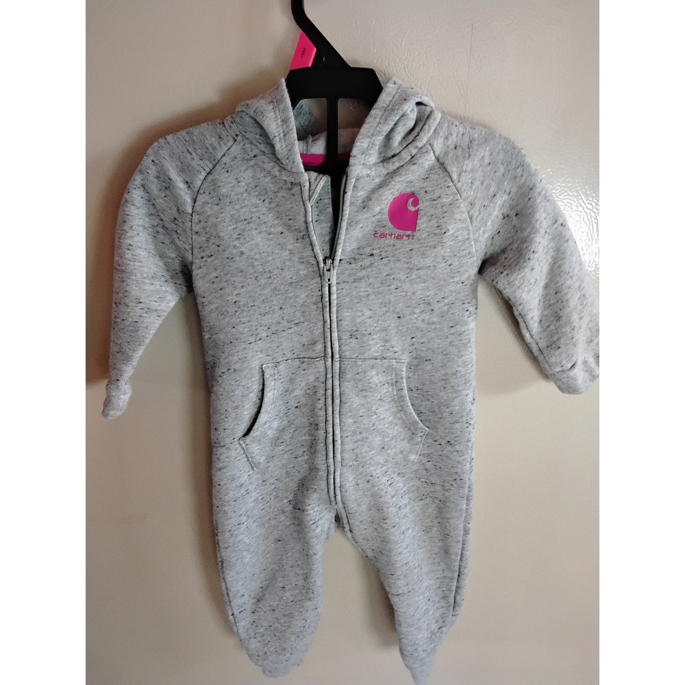 Carhartt Baby Girls Gray Pink Fleece Hooded Coverall Jumpsuit 9M 9 Months